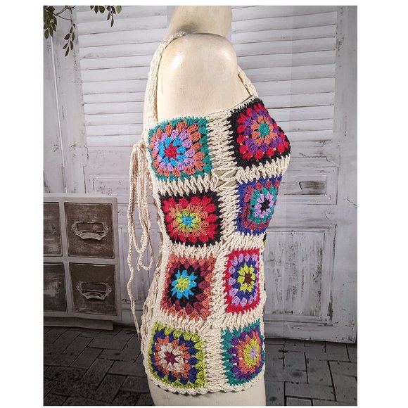 Jaxli Granny Square Crochet Multi Color Tank Top Lace Up Back, Lined Size Small - Picture 4 of 7
